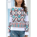 Retro Womens Diamond Print Crew Neck Long Sleeve Relaxed Fit Tee Top in White