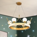 Acrylic Crown Hanging Pendant Cartoon 6 Lights Gold Chandelier Light Fixture with White Glass Shade