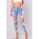 Womens Trendy Cool Street Fashion Distressed Ripped Raw Hem Blue Slim Fit Jeans