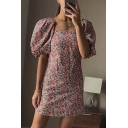Popular Womens All Over Floral Printed Puff Sleeve Square Neck Short A-line Dress in Red