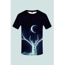 Mens 3D T-Shirt Trendy Crescent Moon Galaxy Printed Slim Fit Short Sleeve Round Neck T-Shirt