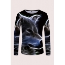 Mens 3D T-Shirt Simple Abstract Wolf Pattern Slim Fitted Round Neck Long Sleeve T-Shirt