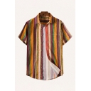 Leisure Shirt Striped Pattern Button down Pocket Short Sleeve Spread Collar Regular Fitted Shirt for Men