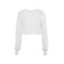 Street White Solid Color Long Sleeve Crew Neck Relaxed Super Crop Pullover Sweatshirt for Women