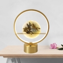 Contemporary Flower and Bird Desk Light with Ring Design Metallic LED Bedside Table Lamp in Gold