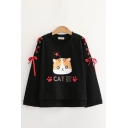 Kawaii Girls Letter Cat Graphic Lace-up Long Sleeve Crew Neck Loose Fit Tee Top