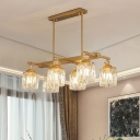 Cylindrical Restaurant Island Lamp Clear Crystal Glass 6-Bulb Contemporary Hanging Pendant Light in Gold