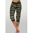 Fashionable Womens Camo Pattern Printed Drawstring Contrast Stitching Waisted Skinny Pencil Pants
