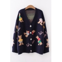 All Over Bear Printed Long Sleeve V-neck Button Up Knit Loose Trendy Cardigan for Ladies