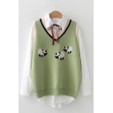Stylish Panda Printed Contrasted Sleeveless V-neck Knit Relaxed Vest & Loose Shirt Top Set in Green