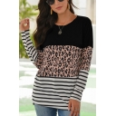 Trendy Womens Leopard Stripe Printed Long Sleeve Round Neck Relaxed T Shirt