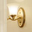 1/2-Bulb Wall Lighting Fixture Retro Style Bell Opaline Glass Wall Mount Lamp in Brass