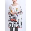 Trendy Womens Balloon Castle Car Printed Boat Neck Batwing Long Sleeve Relaxed Fit Tunic Pullover Knitwear Top