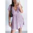 Pretty Womens Ditsy Floral Printed Short Sleeve V-neck Short A-line Dress in Purple