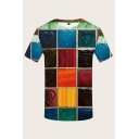 Novelty Mens 3D Tee Top Colorful Blocks Heart Pattern Round Neck Slim Fit Short Sleeve Tee Top
