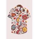 Fancy Mens Shirt Floral Leaf Pattern Button up Short Sleeve Spread Collar Fitted Shirt