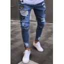 Hot Fashion Letter ARMY Badge Patchwork Guys Slim Fit Ripped Jeans