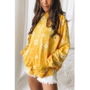 Fashionable Girls All Over Daisy Flower Printed Long Sleeve Kangaroo Pocket Oversize Hoodie