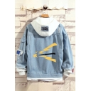 Fashionable Chinese Letter Patched Ripped Flap Pockets Fake Two Piece Bleach Long Sleevev Hooded Denim Jacket