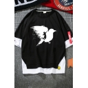 Cartoon Eagle Printed Contrasted Patched Half Sleeve Crew Neck Loose Fit Stylish T Shirt for Men