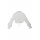 Cute Ladies Long Sleeve Stand Collar Tied Front Relaxed Crop Shirt in White