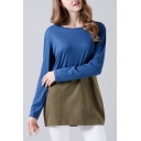 Simple Womens Color Block Crew Neck Long Sleeve Regular Fitted Tunic Tee Top
