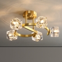 Clear Crystal Cubes Semi Flush Mount Postmodern Style 5/7-Head Bedroom Close to Ceiling Lamp in Brass
