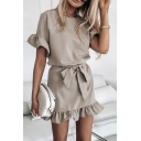 Stylish Solid Color Bow Tie Waist Ruffle Detail Round Neck Short Sleeve Mini Sheath Dress for Women