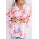 Pink Elegant Womens Abstract Printed Double Layer V Neck Long Puff Sleeve Relaxed Fit Tee Top