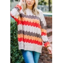 Novelty Womens Color Block Crew Neck Long Sleeve Loose  Tunic Knitwear Pullover Sweater in Red