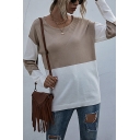 Casual Womens Color Block Crew Neck Long Sleeve Loose Pullover Sweater Knit Top in Apricot