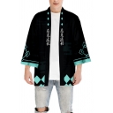 Harajuku Guys Chinese Letter Rhombus Graphic Long Sleeve Open Front Relaxed Fit Black Kimono