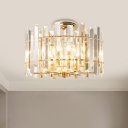 Gold Drum Ceiling Fixture Contemporary Clear Crystal Rectangles 6 Lights Semi-Flush Mount for Hallway