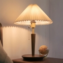 Dark Wood Single Nightstand Lamp Rustic Pleated Fabric Coolie Shade Table Light with Pull Chain