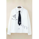 Simple White Cat Paw Embroidered Long Sleeve Point Collar Button Up Loose Fit Shirt with Tie