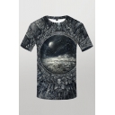 Mens Modern 3D Top Tee Landscape Sky Meteor Statue Circle Pattern Round Neck Short Sleeve Regular Fitted Tee Top