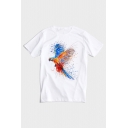Chic Tee Top Animal Flying Parrot Splash Ink Pattern Round Neck Short Sleeve Relax Fitted Top Tee for Men