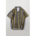 Cool Mens Shirt Vertical Stripe Black White Yellow Pattern Button down Loose Fit Short Sleeve Notch Collar Shirt
