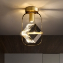 Crystal Cube Small LED Ceiling Fixture Simplicity Hallway Semi Flush Mount Light with Square/Rectangle Frame in Brass