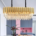 10-Bulb Kitchen Island Pendant Modern Gold Suspension Lighting Fixture with Oval Prismatic Optical Crystal Shade