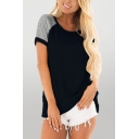 Chic Womens Color Block Contrast Stitching Crew Neck Short Sleeve Loose Fit Tunic Raglan Tee