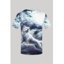 Mens Fashion 3D Top Tee Animal Wolf Cloud Halo Pattern Round Neck Short Sleeve Regular Fitted Tee Top