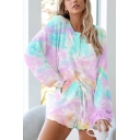 Chic Tie Dye Bishop Long Sleeve Round Neck Button Front Loose Fit Henley T-Shirt & Drawstring Waist Stringy Selvedge Shorts Pajama Set