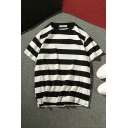 Fancy Mens Tee Top Black White Striped Pattern Round Neck Short Sleeve Relaxed Fitted Tee Top