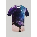 Retro Mens 3D Tee Top Figure Face Galaxy Moon Painting Round Neck Slim Fit Short Sleeve Tee Top