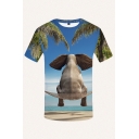 Novelty Mens 3D Tee Top Coconut Tree Beach Elephant Hammock Pattern Short Sleeve Round Neck Slim Fitted Tee Top