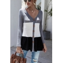 Stylish Waffle Solid Color Long Sleeve V-neck Button Up Relaxed Knit Top in Gray