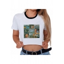 Simple Girls Oil Painting Printed Contrasted Short Sleeve Crew Neck Regular Crop T Shirt in White