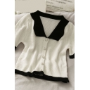 Gorgeous Ladies Color Block Patched Pearl Button Up Turn Down Collar Short Sleeve Regular Fit Crop Blouse