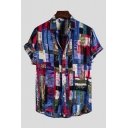 Colorful Men's Shirt Painted Striped Printed Spread Collar Regular Fit Short Sleeve Shirt
